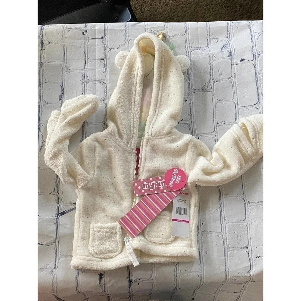 New Baby Girl Wippette Unicorn Warm Fall Sweater Jacket 3-6m Hood/Hand Covers - Picture 4 of 10